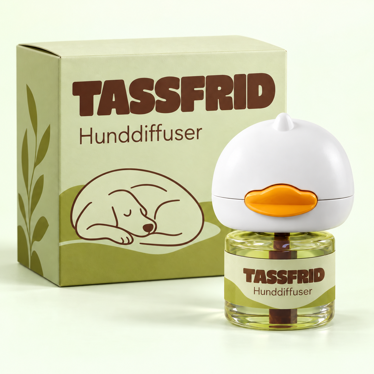 Tassfrid hunddiffuser med flaska och förpackning